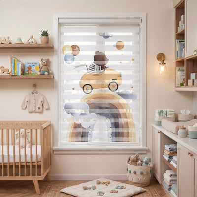 Bej Bulutlar ve Ayıcık Bebek Odası Zebra Stor Perde