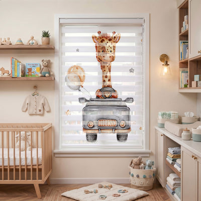 Gri Arabalı Zürafa Desenli Çocuk Odası Zebra Stor Perde