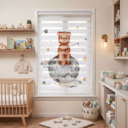 Gri Ayda Yıldız Avlayan Ayıcık Bebek Odası Zebra Stor Perde