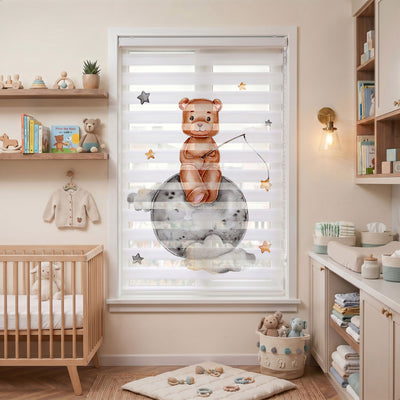 Gri Ayda Yıldız Avlayan Ayıcık Bebek Odası Zebra Stor Perde