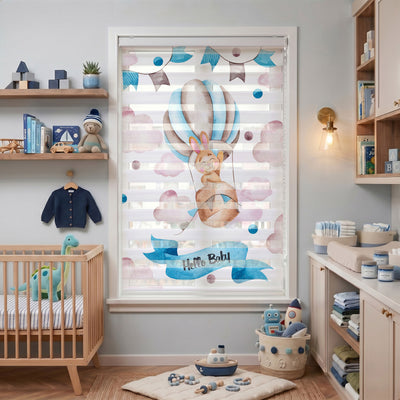 Hello Baby Yazılı Balonda Tavşan Zebra Stor Perde