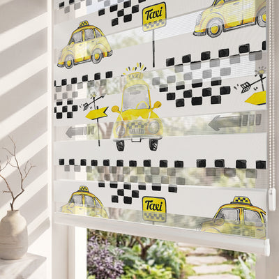 Sarı Taksiler Desenli Çocuk Odası Zebra Stor Perde