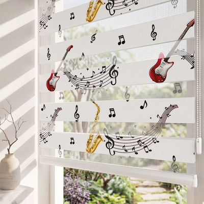 Gitar Saksafon ve Müzik Notaları Genç Odası Zebra Stor Perde