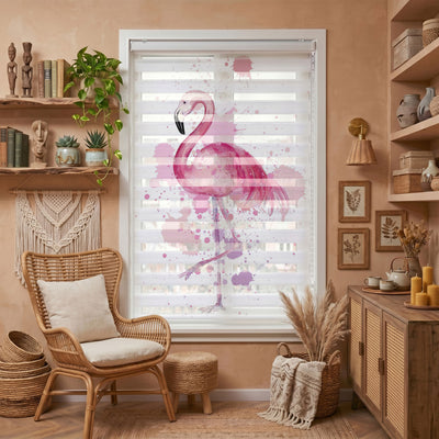 Sulu Boya Pembe Flamingo Genç Odası Zebra Stor Perde