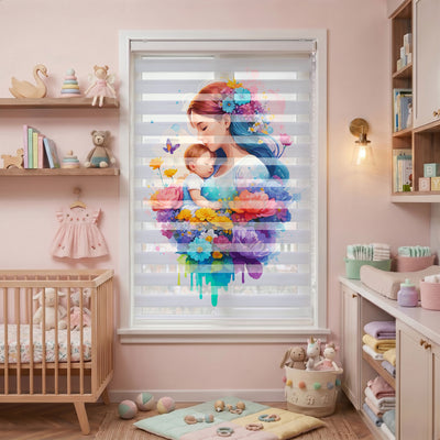 Anne Bebek Renkli Çiçek Buketi Suluboya Zebra Stor Perde