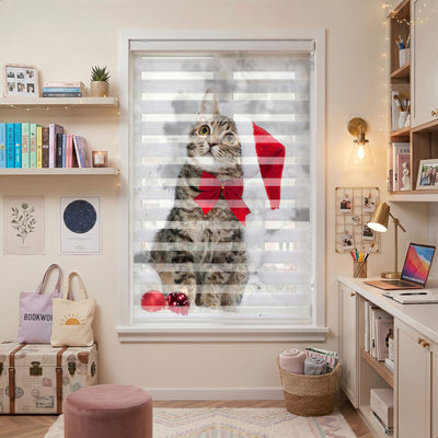 Noel Şapkalı Fiyonklu Kedi Çocuk Odası Zebra Stor Perde