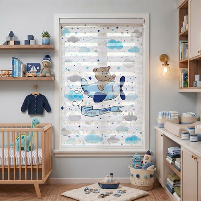 İki İsme Özel Uçaklı Ayıcık Bebek Odası Zebra Stor Perde