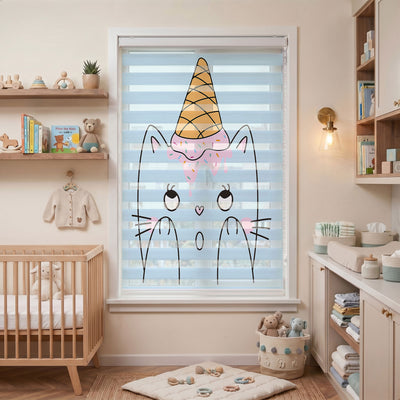 Dondurma Külahlı Mavi Kedi Çocuk Odası Zebra Stor Perde