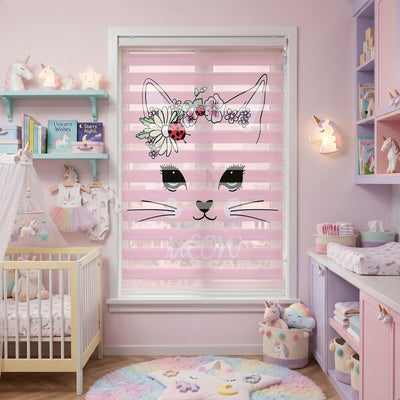 Çiçek Taçlı Sevimli Pembe Kedi Çocuk Odası Zebra Stor Perde