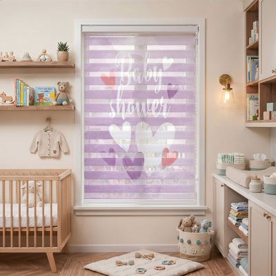 Mor Sulu Boya Fonda Baby Shower Yazılı Zebra Stor Perde