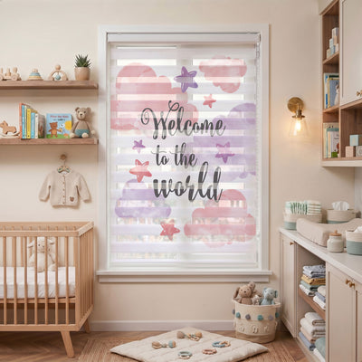 Hoş Geldin Bebek Yazılı Bulutlar Zebra Stor Perde