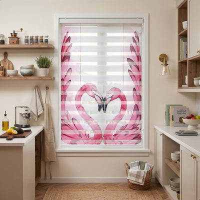 Kalp Oluşturan Pembe Flamingolar Zebra Stor Perde