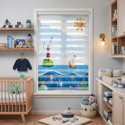 Deniz Feneri ve Yelkenli Tekne Çocuk Odası Zebra Stor Perde