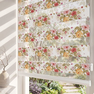 Klasik Çiçekli Bahçe Pembe Turuncu Salon Zebra Stor Perde