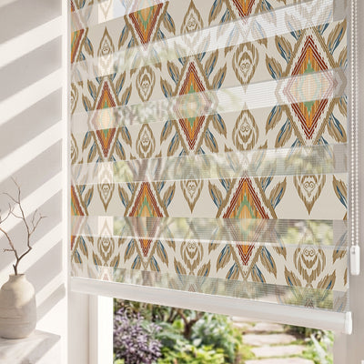 Bej Turuncu Yapraklı Ikat Etnik Desen Salon Zebra Stor Perde