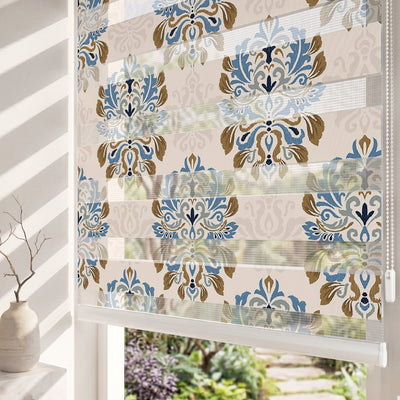 Pudra Zeminli Mavi Damask Desen Salon Zebra Stor Perde