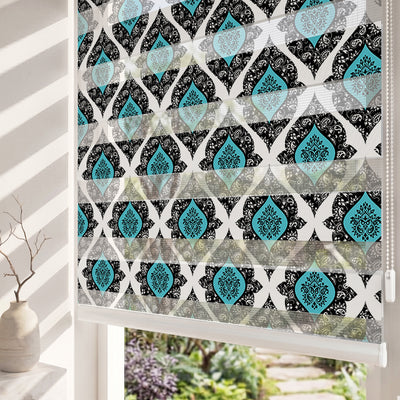 Turkuaz Siyah Şal Desenli Damask Salon Zebra Stor Perde