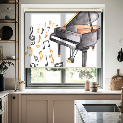 Piano ve Notalar Baskılı Stor Perde - Baskılı Güneşlik Perdesi - Genç Odası Perdesi