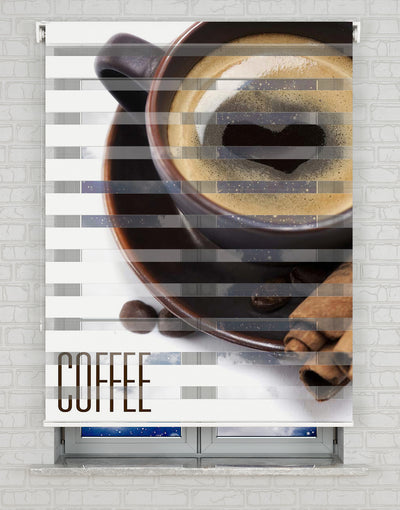 Coffee Kalp Fincan Baskılı Zebra Perde -Mutfak Perdesi