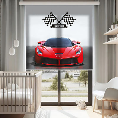 Kırmızı Ferrari Baskılı Stor Perde - Baskılı Güneşlik Perdesi - Erkek Çocuk Odası Perdesi
