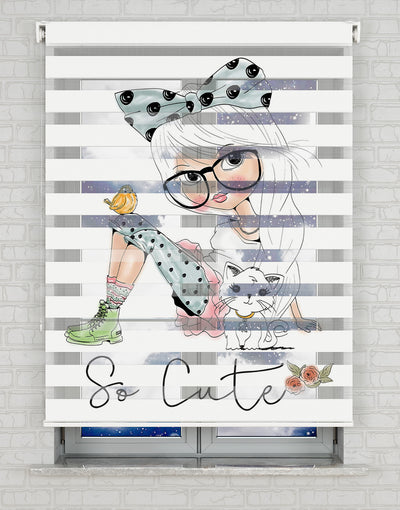 Cute Girl Vektör Baskılı Zebra Perde - Kız Çocuk Odası Perdesi