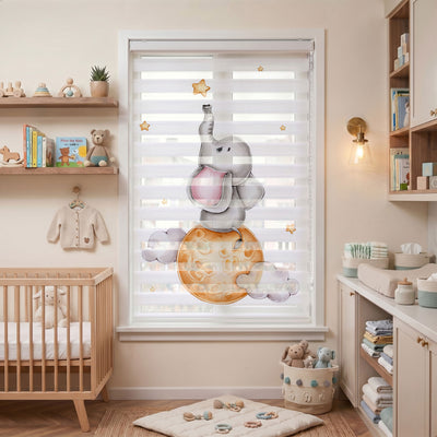 Gri Sevimli Fil ve Yıldızlar Bebek Odası Zebra Stor Perde