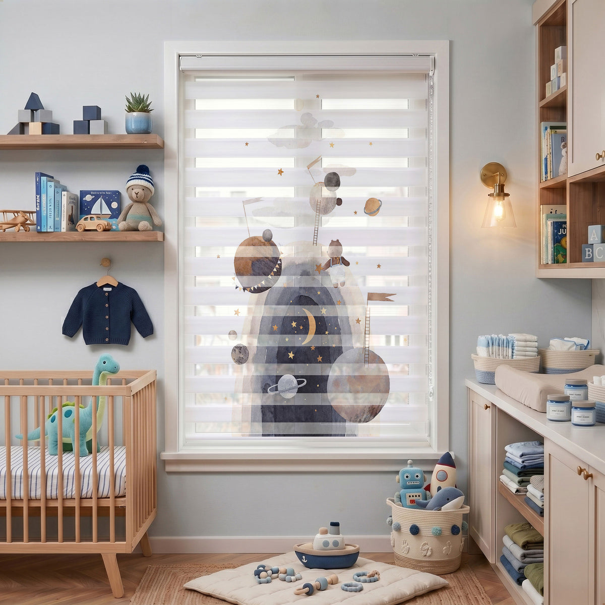 Gezegenler ve Ayıcıklı Uzay Temalı Zebra Stor Perde