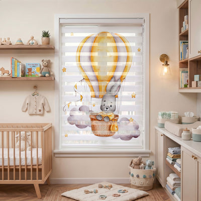 Sarı Uçan Balonda Gri Tavşan Bebek Odası Zebra Stor Perde