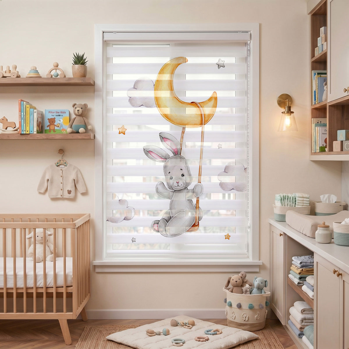 Ay Bulutlar ve Sevimli Tavşan Bebek Odası Zebra Stor Perde