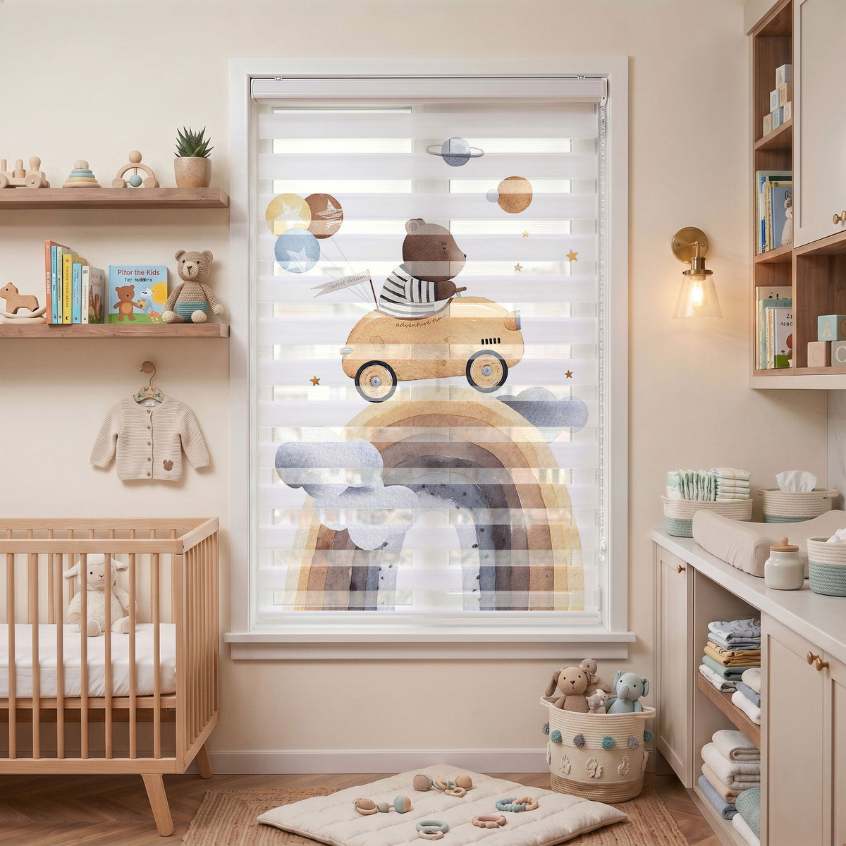Bej Bulutlar ve Ayıcık Bebek Odası Zebra Stor Perde