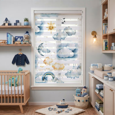 Mavi Bulutlar Güneş ve Hilal Ay Bebek Odası Zebra Stor Perde