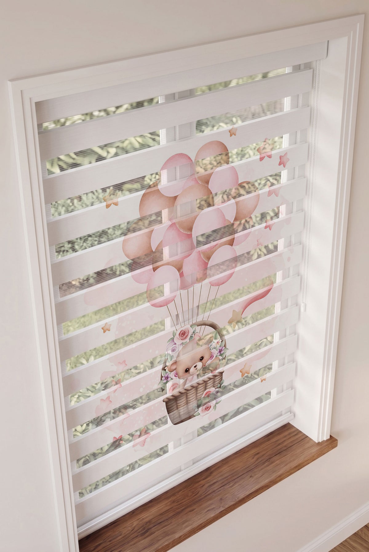 Pembe Balonlu Sepette Ayıcık Bebek Odası Zebra Stor Perde – ürün görseli 2