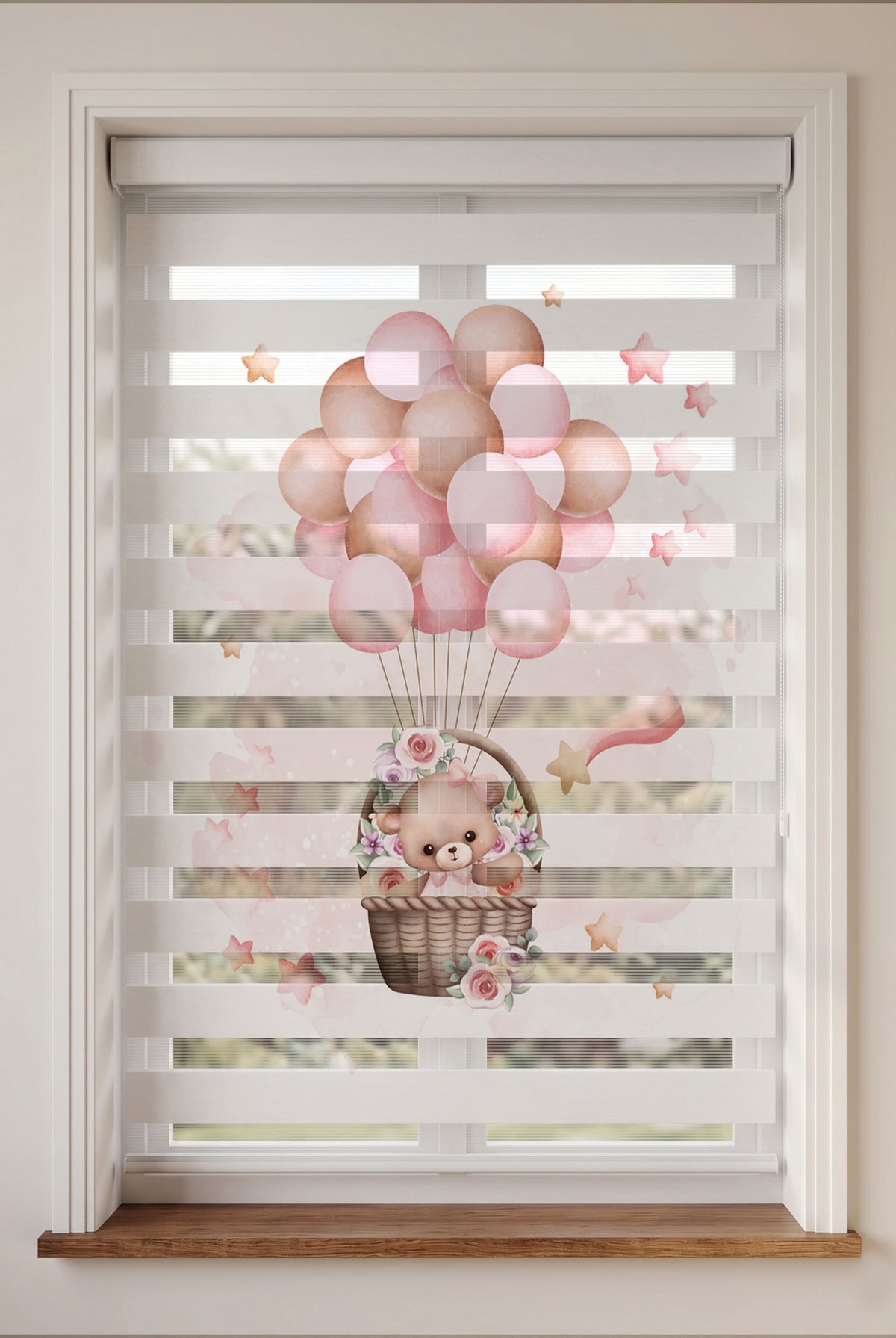 Pembe Balonlu Sepette Ayıcık Bebek Odası Zebra Stor Perde – ürün görseli 3