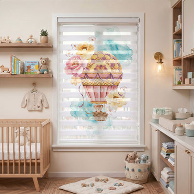 Çiçekli Uçan Balonda Ayıcık Bebek Odası Zebra Stor Perde