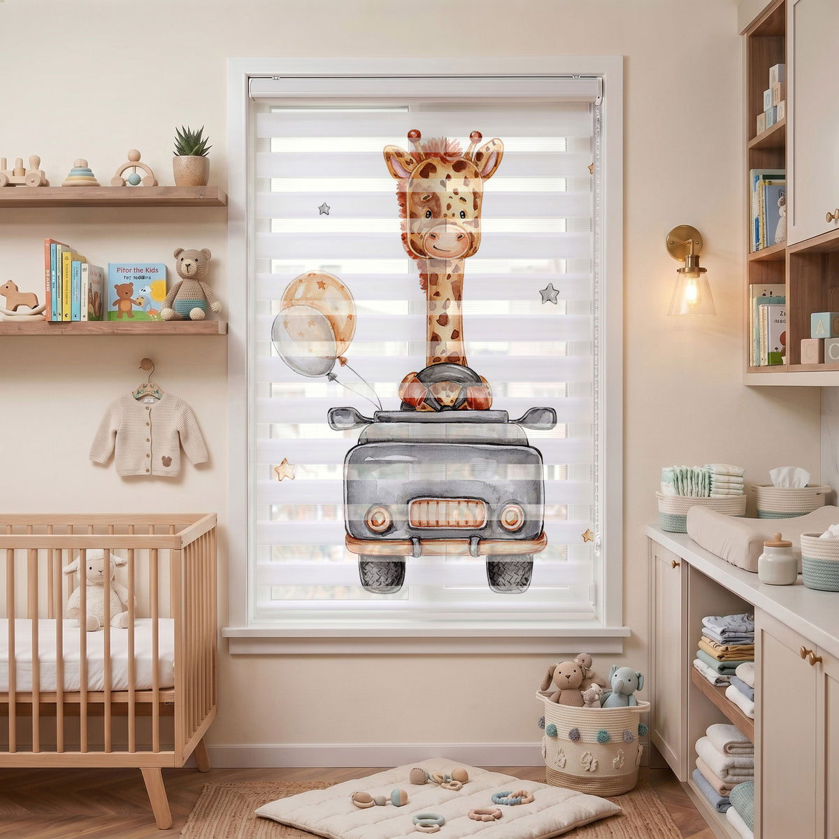 Gri Arabalı Zürafa Desenli Çocuk Odası Zebra Stor Perde