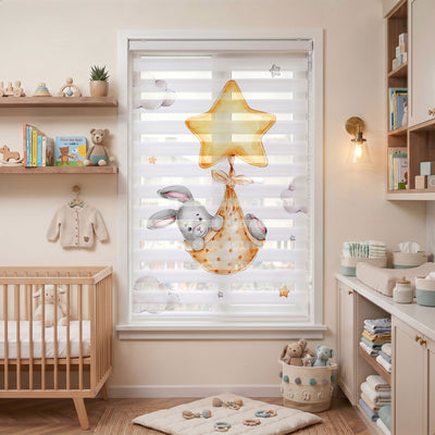 Sarı Yıldızlı Sepette Tavşan Bebek Odası Zebra Stor Perde