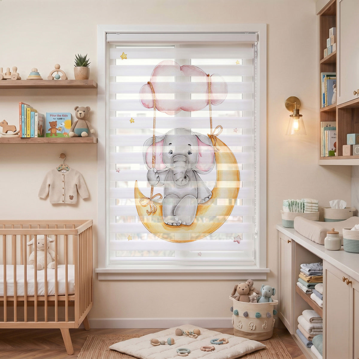 Hilal Ay Salıncağında Yavru Fil Bebek Odası Zebra Stor Perde