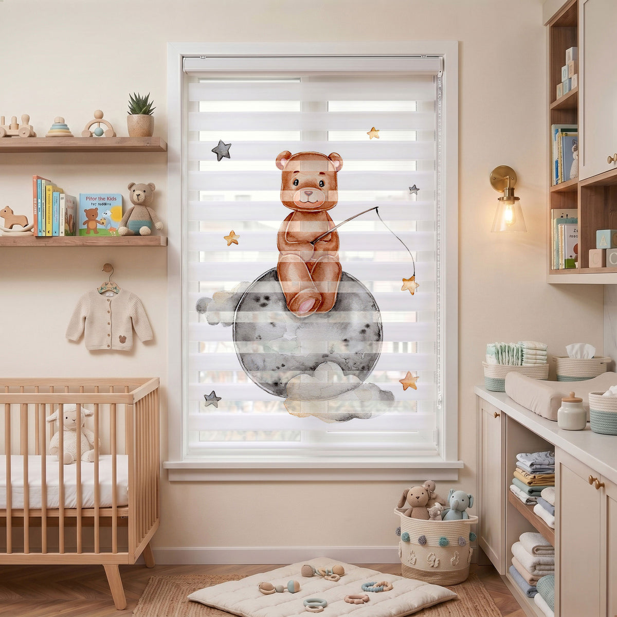 Gri Ayda Yıldız Avlayan Ayıcık Bebek Odası Zebra Stor Perde