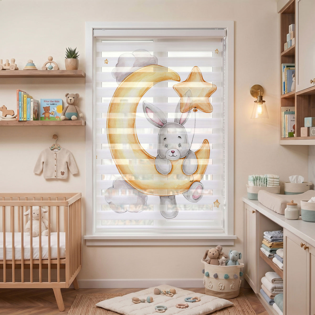 Sarı Hilal Aya Tutunan Tavşan Bebek Odası Zebra Stor Perde