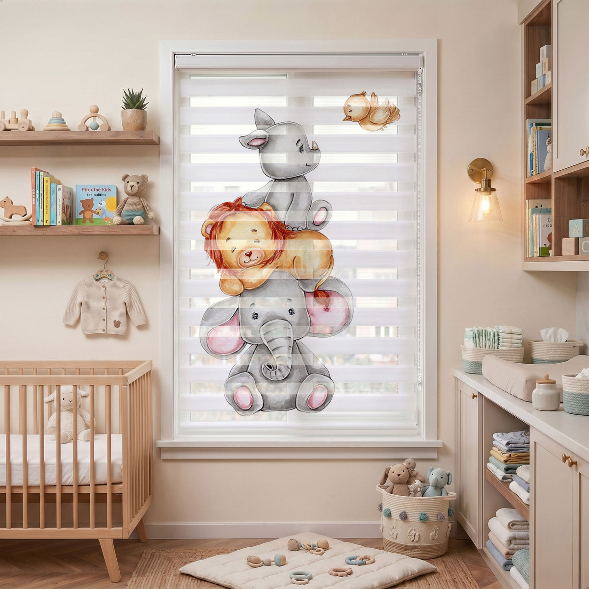 Üst Üste Fil Aslan ve Gergedan Bebek Odası Zebra Stor Perde