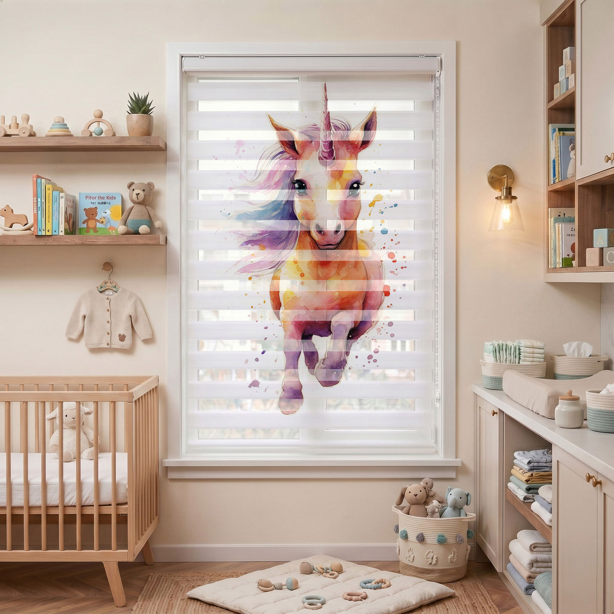 Rengarenk Suluboya Unicorn Çocuk Odası Zebra Stor Perde