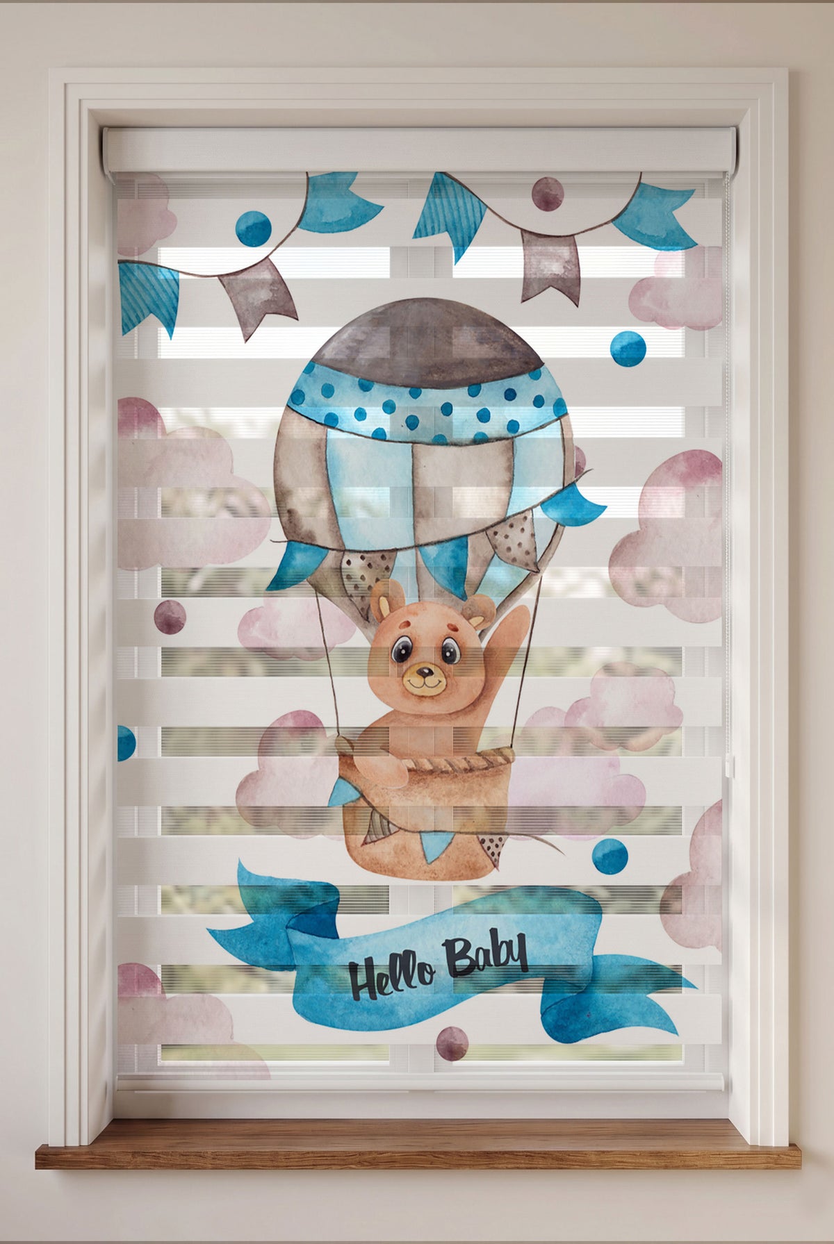 Hello Baby Yazılı Balonda Ayıcık Zebra Stor Perde – ürün görseli 3