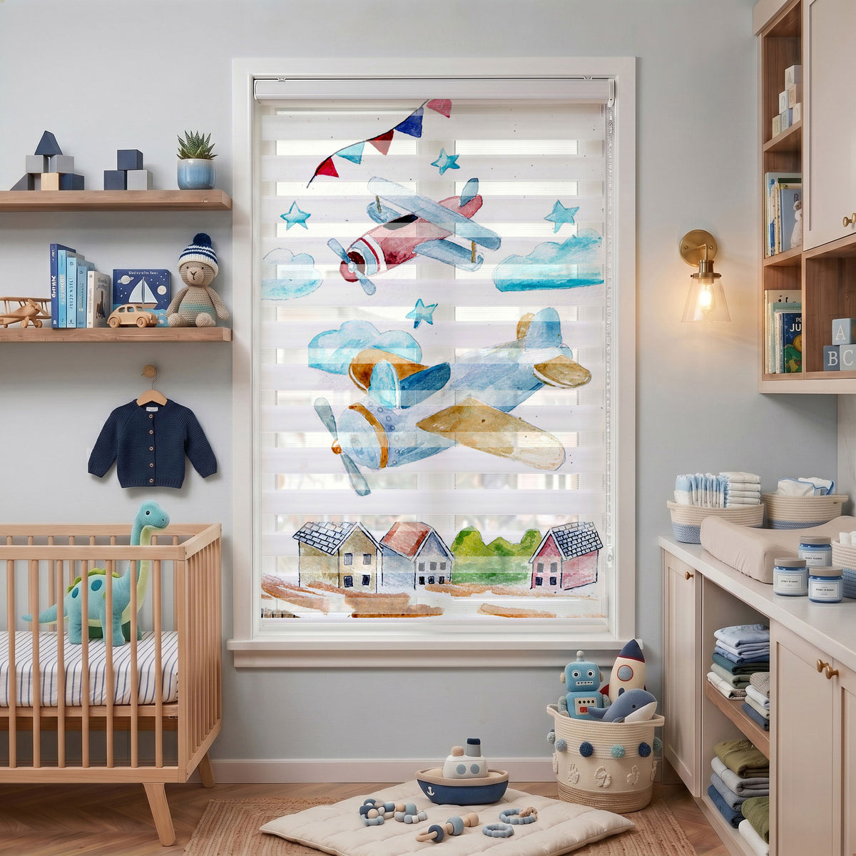 Pervaneli Uçaklar ve Bulutlar Çocuk Odası Zebra Stor Perde