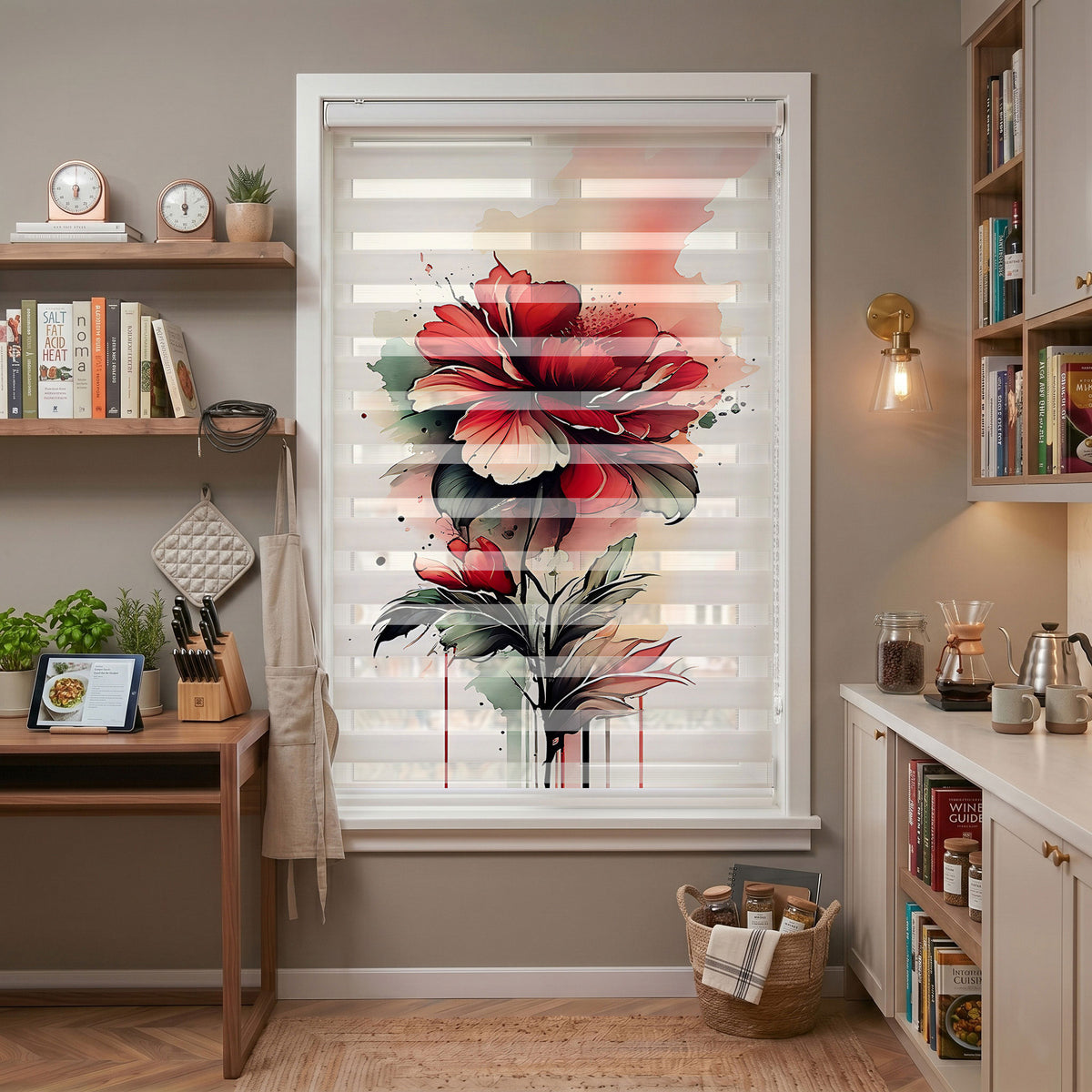 Şapkalı Gözlüklü Kız Şehir Çizimi Krem Fon Zebra Stor Perde