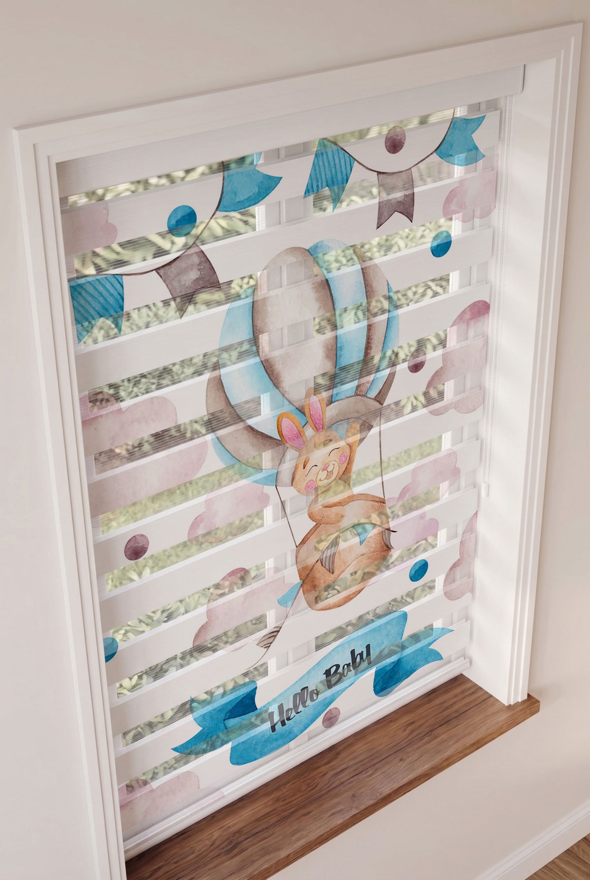 Hello Baby Yazılı Balonda Tavşan Zebra Stor Perde – ürün görseli 2