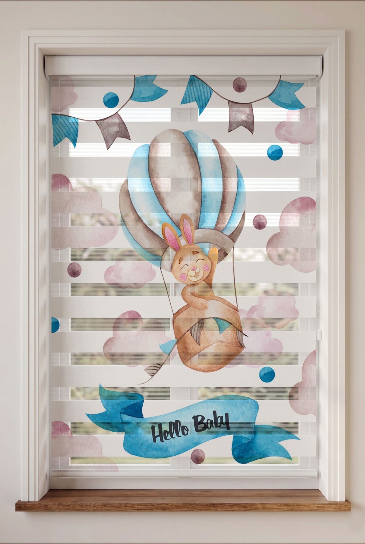 Hello Baby Yazılı Balonda Tavşan Zebra Stor Perde – ürün görseli 3