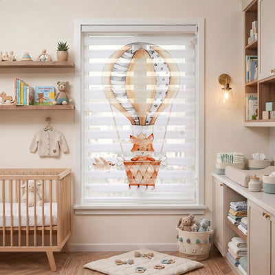 Bej Uçan Balonda Taçlı Tilki Bebek Odası Zebra Stor Perde