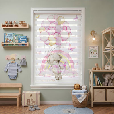 Pembe Balonlu Ayıcık ve Gökkuşağı Zebra Stor Perde