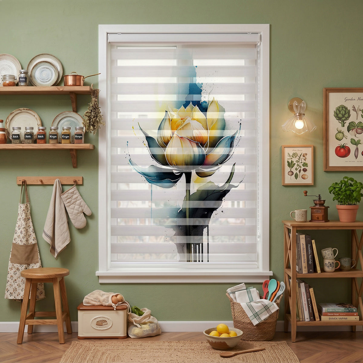 Suluboya Sarı ve Lacivert Lotus Çiçeği Zebra Stor Perde