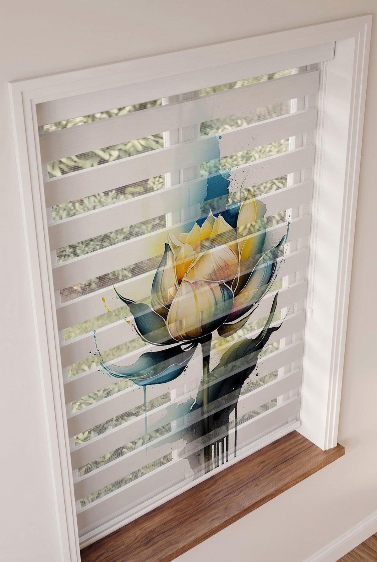 Suluboya Sarı ve Lacivert Lotus Çiçeği Zebra Stor Perde – ürün görseli 2